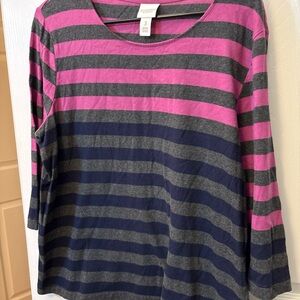 Chico's Striped Long-Sleeve Scoop Neck Top in Pink, Gray & Navy 3/4 Sleeve